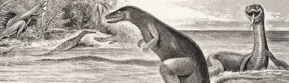 Edward Cope's reconstruction of Laelaps aquilunguis. This work was on display in the original exhibition as item 11. Image source: Cope, Edward Drinker. "The fossil reptiles of New Jersey," in: American Naturalist, vol. 3 (1869), pp. 84-91, pl. 2.