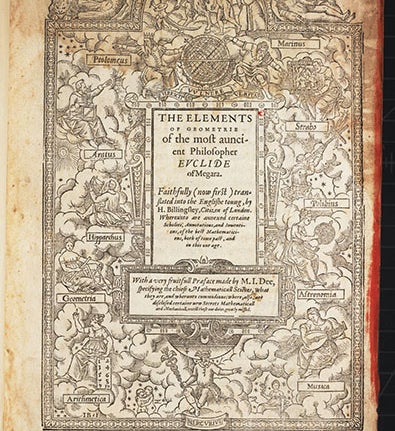Woodcut title page to Euclid, <i>Elements of Geometrie</i>, translated by Henry Billingsley, 1570 (Linda Hall Library)
