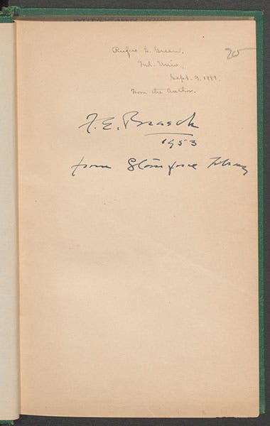 Two ownership inscriptions, in Meteoric Astronomy, by Daniel Kirkwood, title page, 1867 (Linda Hall Library)