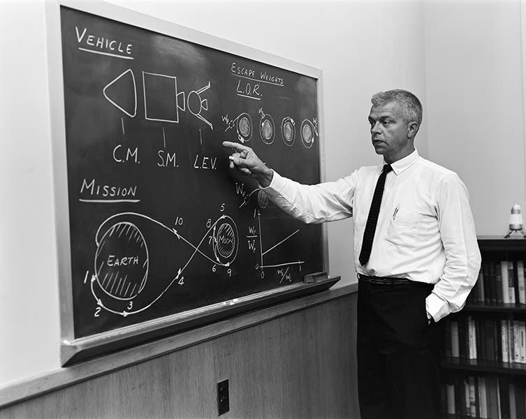 John Houbolt diagramming Lunar Orbit Fendezvous (LOR), 1960s (Wikimedia commons)
