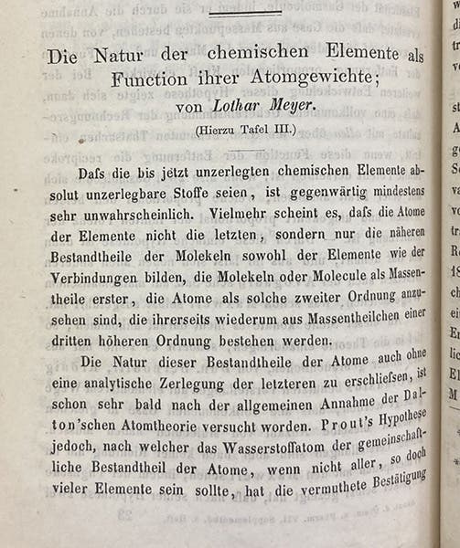 First page, “Die Natur der chemischen Elemente als Function ihrer Atomgewichte,” by Lothar Meyer, Annalen der Chemie und Pharmacie, Suppl. 7, 1870 (Linda Hall Library)