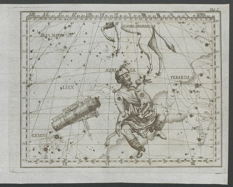 Star chart of sky west of Auriga, with proposed new constellation Tubus Hershelii maior, Herschel’s larger telescope, from Maximilian Hell, Monumenta, 1789 (Linda Hall Library)