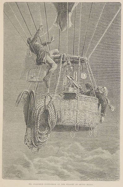 “Mr. Glaisher insensible at the height of 7 miles,” wood engraving by Charles Leplante, depicting the plight of the Mammoth on Sep. 5, 1862, in Travels in the Air, by James Glaisher, 1871 (Linda Hall Library)