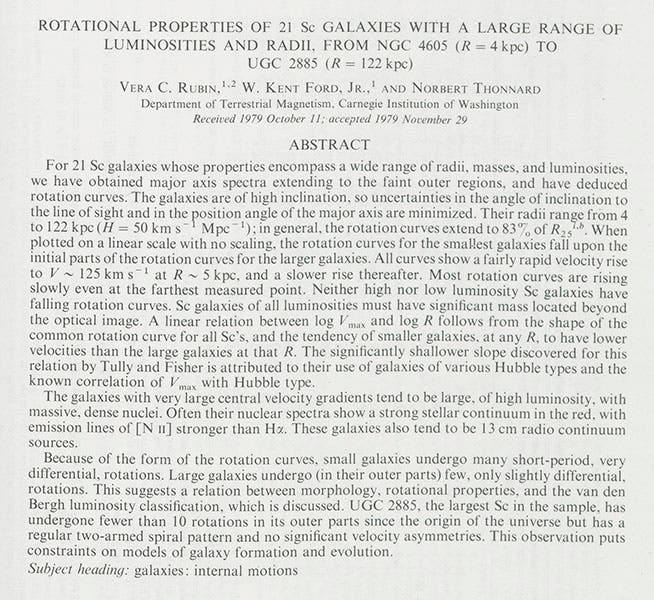 First page of article by Rubin and her colleagues on rotation rates in 21 Sc galaxies, Astrophysical Journal, 1980 (Linda Hall Library)
