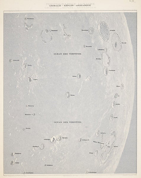 Tissue overlay for plate 57 (our first image), identifying the craters and other lunar features, Atlas Photographique de la Lune, Maurice Loewy and Pierre Henri Puiseux, 1896-1910 (Linda Hall Library)