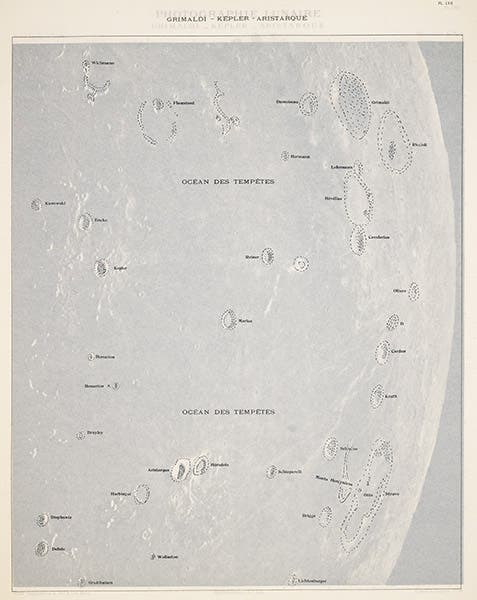 Tissue overlay for plate 57 (our first image), identifying the craters and other lunar features, Atlas Photographique de la Lune, Maurice Loewy and Pierre Henri Puiseux, 1896-1910 (Linda Hall Library)