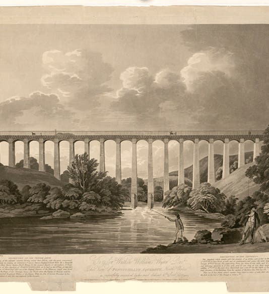 Pontycysyllte aqueduct, carrying the Llangolllen Canal over the River Dee, Wales, designed by Thomas Telford, erected 1805; contemporary engraving (Wikimedia commons)