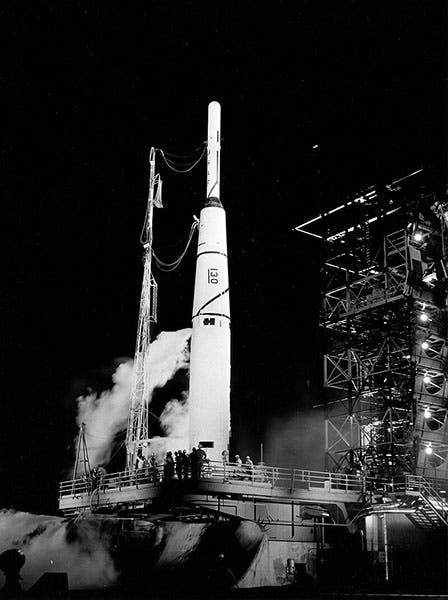 Launch of Pioneer 1 on a Thor-Able rocket, Oct. 11, 1958, the first launch under the aegis of NASA; it was intended to orbit the Moon but failed to get beyond 70,000 miles and burned up on re-entry into the Earth’s atmosphere (Wikimedia commons)