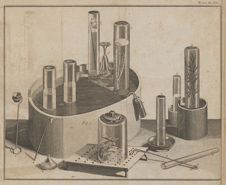 Pneumatic trough, engraved frontispiece to vol. 1, Experiments and Observations on Different Kinds of Air, by Joseph Priestley, 1777-84 (Linda Hall Library)