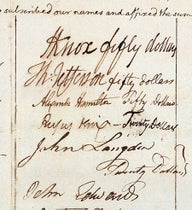 Detail of the bottom of the Michaux Subscription List, with the signatures and pledge amounts of George Washington ($100 pledged), John Adams ($20), Thomas Jefferson ($50), and James Madison ($20), 1793, American Philosophical Society, Philadelphia (amphilsoc.org)