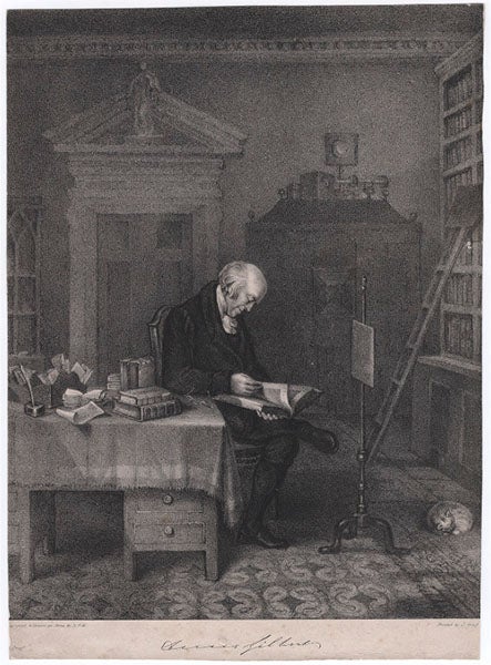 Davies Gilbert in his study, lithograph after drawing by E.F.H., undated (National Portrait Gallery, London)