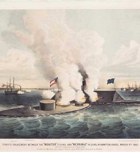 The <i>Monitor</i> and the <i>Merrimac</i>, colored lithograph, Currier & Ives (Springfield Museums)
