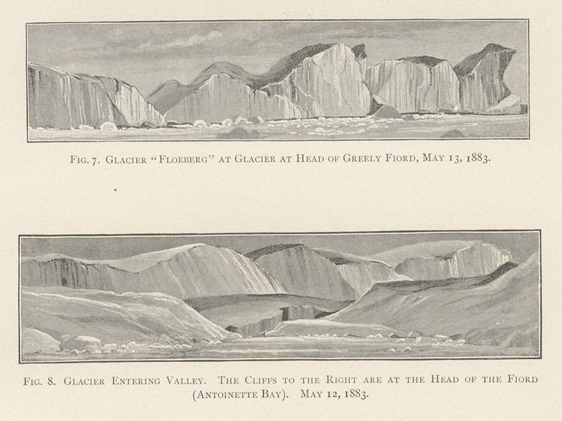 Two glaciers encountered by the Greely expedition, engravings based on photographs by George W. Rice, 1883, in Report on the Proceedings of the United States Expedition to Lady Franklin Bay, Grinnell Land, by A.W. Greely, vol. 1, 1888 (Linda Hall Library)