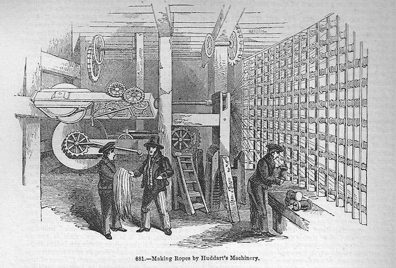 Joseph Huddart’s rope-making machinery, wood-engraving, Charles Knight, Pictorial Gallery of Arts, vol. 1, 1862 (suewilkes.blogspot.com)