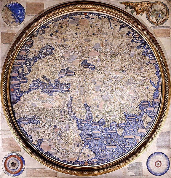 Fra Mauro map, inverted, with north at the top, manuscript on vellum and wood, ca 1460, property of the Biblioteca Nazionale Marciana, Venice; on display in Museo Correr, Piazza San Marco, Venice (Wikimedia commons)