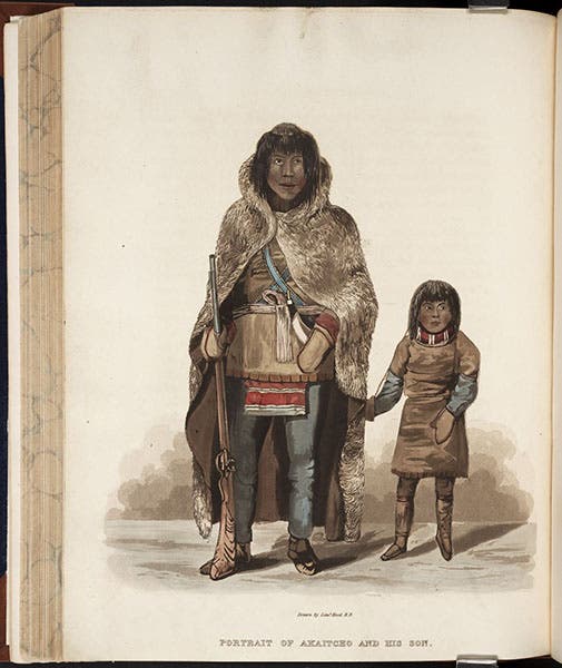 Akaitcho, an Inuit interpreter interpreter, and his son, hand-colored engraving after a watercolor by Robert Hood, Narrative of a Journey to the Shores of the Polar Sea, in the Years 1819, 20, 21, and 22, by John Franklin, p. 203, 1823 (The Linda Hall)