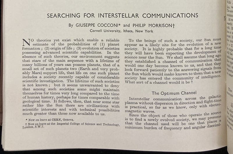 First paragraph of “Searching for interstellar communications,” by Giuseppe Cocconi and Philip Morrison, Nature, vol. 184, p. 844, Sep. 19, 1959 (Linda Hall Library)