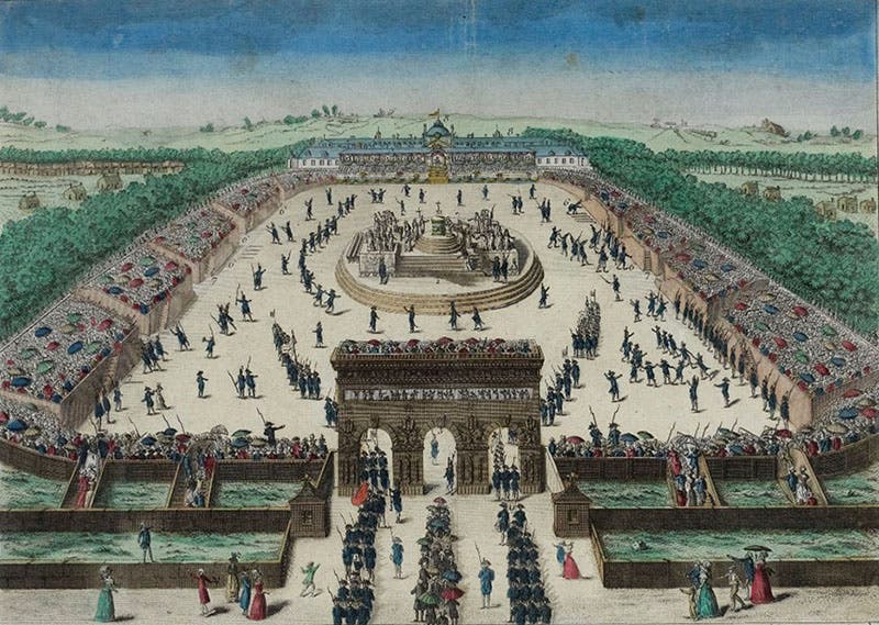 Champ de Mars, July 14, 1790, on the first celebration of Bastille Day, presided over by the Mayor of Paris, Jean-Sylvain Bailly, by an unknown artist. Bailly was executed on this site three years later, on Nov. 12, 1793 (Château de Versailles on Wikimedia commons)