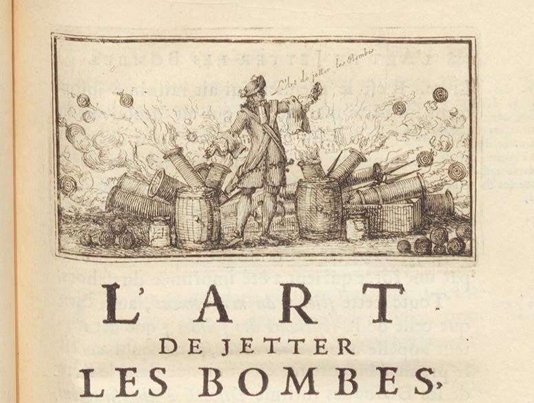 Mortars firing, engraved headpiece, François Blondel, L'art de jetter les bombes, 1699 (Linda Hall Library)