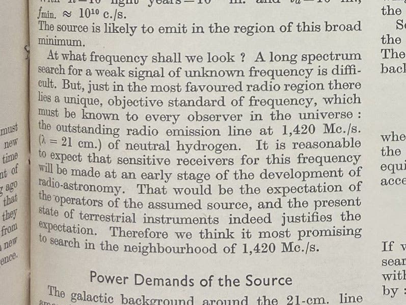 Paragraph on second page of “Searching for interstellar communications,” by Giuseppe Cocconi and Philip Morrison, suggesting that the search for radio waves should begin at the emitting frequency of neutral hydrogen, 1420 MHz, corresponding to a wavelength of 21 cm, Nature, vol. 184, p. 845, Sep. 19, 1959 (Linda Hall Library)