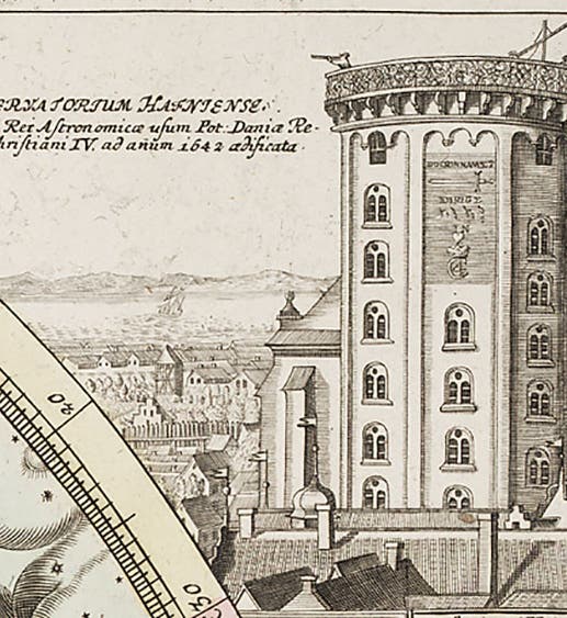 The Round Tower observatory of Copenhagen, of which Longomontanus was director, detail from a star map in Johann Doppelmayr, <i>Atlas coelestis</i>, 1742 (Linda Hall Library)