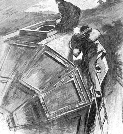 The octagonal sphere with cavorite panels that will take its passengers to the Moon, plate in The First Men in the Moon, by H.G. Wells, 1901 (Wikimedia commons)
