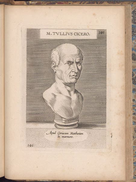 Portrait of Cicero, by Theodor Galle, engraving after a cameo, coin, gem, or relief in the collection of Fulvio Orsini, in Galle’s Illustrium imagines, 1606 (Linda Hall Library)