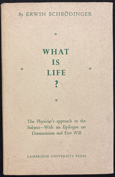 Dust jacket of What is Life? The Physical Aspect of the Living Cell, by Erwin Schrödinger, first edition, 1944 (author’s copy)