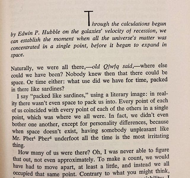 First page of “All at One Point,” a short story by Italo Calvino, in Cosmicomics, 1968 (photo by the author)