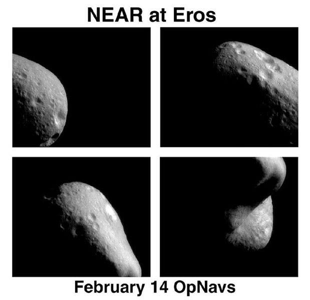 First close-up images of Eros, taken by the NEAR spacecraft on Valentine’s Day, Feb. 14, 2000 (NASA)