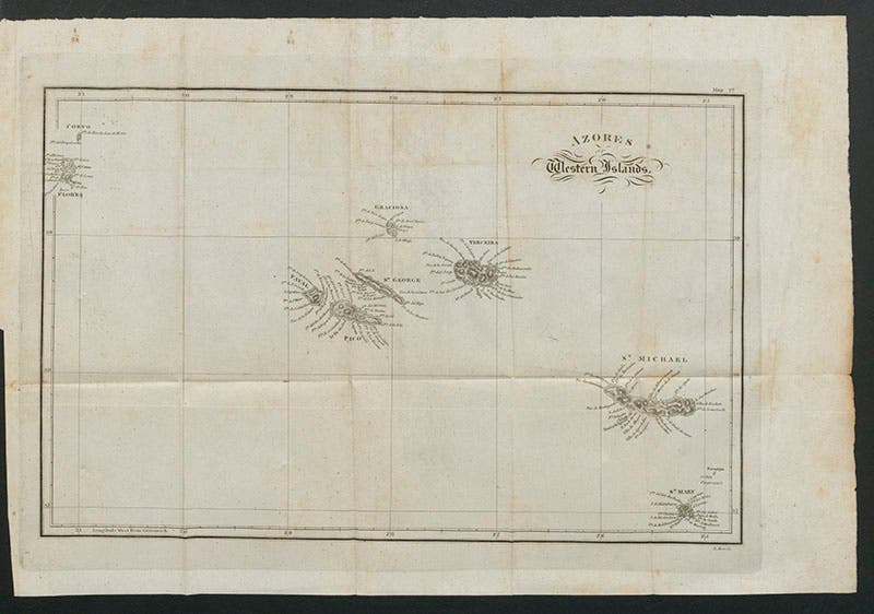 Map of the Azores, folding engraved plate, from John W. Webster, Description, 1821 (Linda Hall Library)