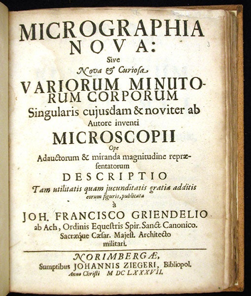 Titlepage, Johann Franz Griendel, Micrographia nova, 1687 (Linda Hall Library)