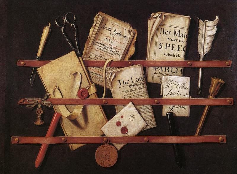 Letter rack, oil on canvas, by Edward Collier, Victoria and Albert Museum, 1699 (Wikimedia commons)