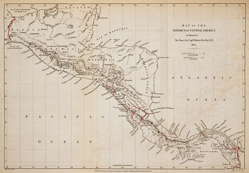 Fitzroy’s “Map of the Isthmus of Central America”. From R. FitzRoy, “Considerations on the great Isthmus of Central America,” in Journal of the Royal Geographical Society of London, 1851, vol. 20.