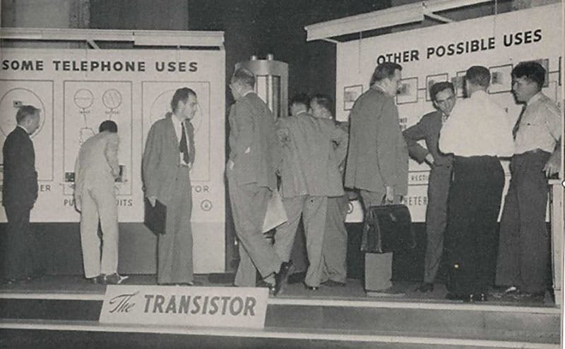 Audience members inspect demonstrations showcasing possible uses for the transistor after Bell Labs’ June 30, 1948 press conference, in Bell Laboratories Record vol. XXVI, no. 8 (Aug. 1948) (Linda Hall Library)