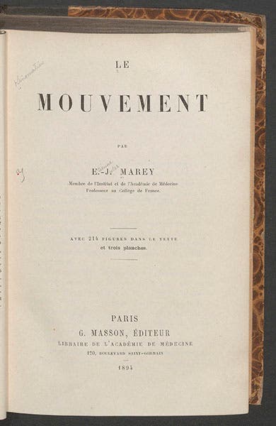 Title page, Étienne-Jules Marey, Le movement, 1894 (Linda Hall Library)
