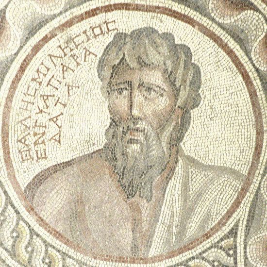 Detail of mosaic depicting Thales, 2nd or 3rd century C.E., from Suweydie near Baalbek, now modern Lebanon, National Museum in Beirut; the inscription in Greek begins: “Thales Milesios” (livius.org)