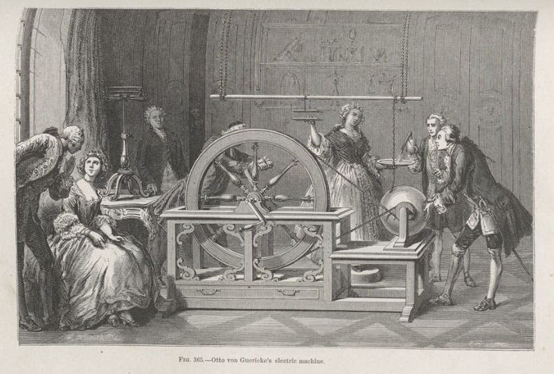 “Otto von Guericke’s electric machine,” actually Abbé Nollet’s depiction of Francis Hauksbee’s electrostatic generator, wood engraving, Amédée Guillemin, The Forces of Nature, 1872 (Linda Hall Library)