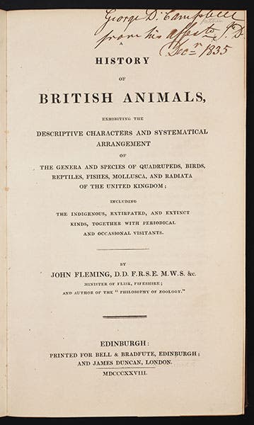 Title page, John Fleming, History of British Animals, 1828 (Linda Hall Library)