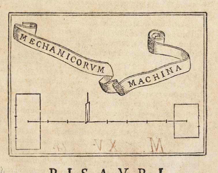 Detail of previous image, illustrating Archimedes’ law of the lever, In duos Archimedis aequeponderantium libros, by Guidobaldo Del Monte, 1588 (Linda Hall Library)