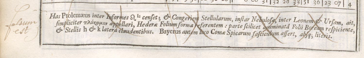 Crothswait’s manuscript corrections to Halley’s printed text, page 28 of Historia Coelestis, Linda Hall Library.