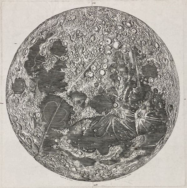 "Carte de la lune de Jean Dominique Cassini," drawn by Jean Patigny, 1787 imprint of 1679 engraving, with South at the top (Linda Hall Library)