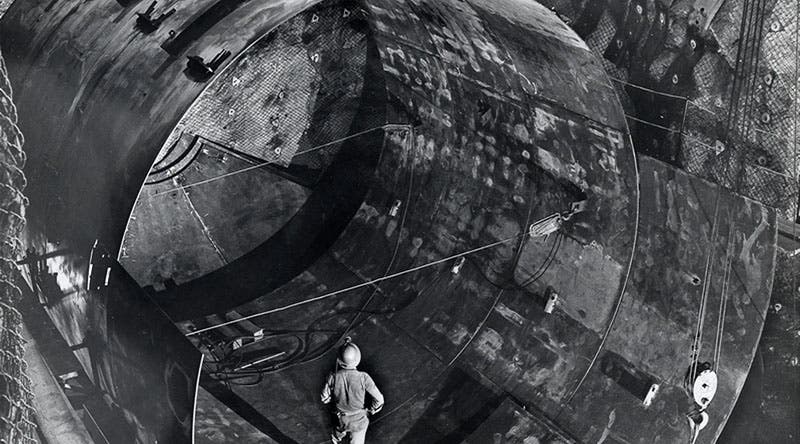 Raymond Davis Jr. observing the construction of the large (390,000 liter) tetrachloroethylene tank at the 4850-foot level of the Homestake Mine, Lead, South Dakota, photograph, ca 1961? (sanfordlab.org)