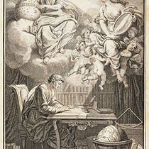 Frontispiece, Élémens de la philosophie de Neuton: mis à la portée de tout le monde, by Voltaire, 1738; Émilie du Châtelet is possibly represented by the woman holding the mirror (The Linda Hall)