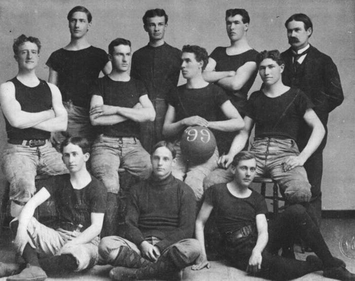 The 1899 University of Kansas varsity basketball team, including Walter Sutton (second from right in back row) and team founder James Naismith (far right, back row) (Clendening History of Medicine Library, KU Medical Center)