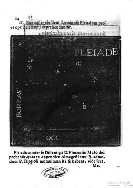 The stars of the Pleiades seen through a telescope, woodcut in Giovanni Battista Hodierna, Deque admirandis coeli characteribus, 1654 (University of Rome on openmlol.it)