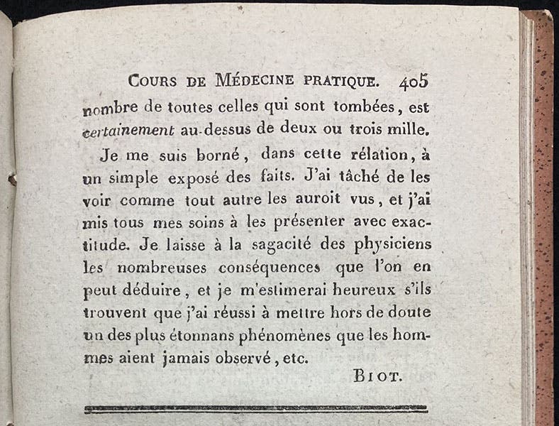 Last page of Biot’s letter to the editor of Bibliotheque Britannique, vol. 23, 1803, containing Biot’s description of the l’Aigle fall as one of the most amazing phenomena ever observed by man. (Linda Hall Library)