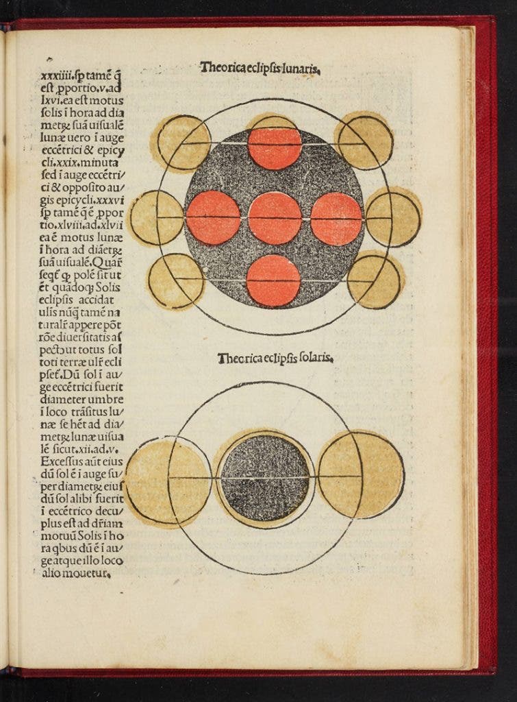Lunar and solar eclipses, three-color woodcut, from Peurbach, <i>Theorica nova planetarum</i>, in Sacrobosco, <i>Sphaera</i>, 1490 (Linda Hall Library)