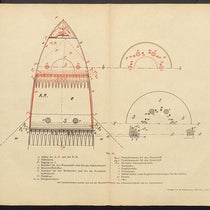 Rocket intended to carry humans into interplanetary space, engraved plate in Die Rakete zu Planetenräumen, by Hermann Oberth, p. 80, 1923 (Linda Hall Library)