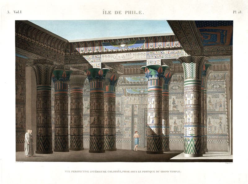Interior of the Hypostyle Hall of the main temple at Philae, restored, hand-colored engraving after drawing by Jean-Baptiste Lepère, Description de l’Égypte, Antiquités, vol. 1, 1809 (Linda Hall Library)
